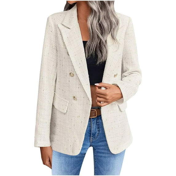 2025 Women's Tweed Blazer Casual Open Front Long Sleeve Double Breasted Business Work Plaid Suit Jackets Trendy