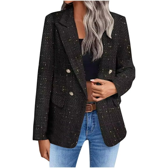 2025 Women's Tweed Blazer Casual Open Front Long Sleeve Double Breasted Business Work Plaid Suit Jackets Trendy