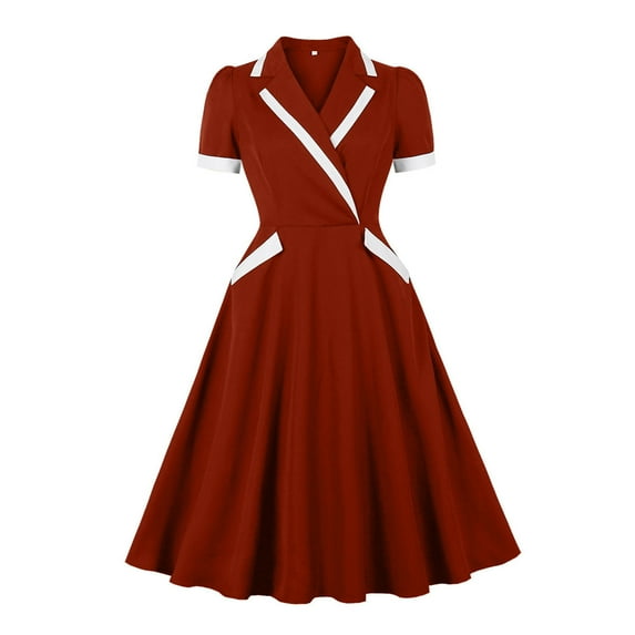2025 Women's Vintage Contrast Collar Dresses Elegant Formal Swing Dress Short Sleeve Party Cocktail Dresses