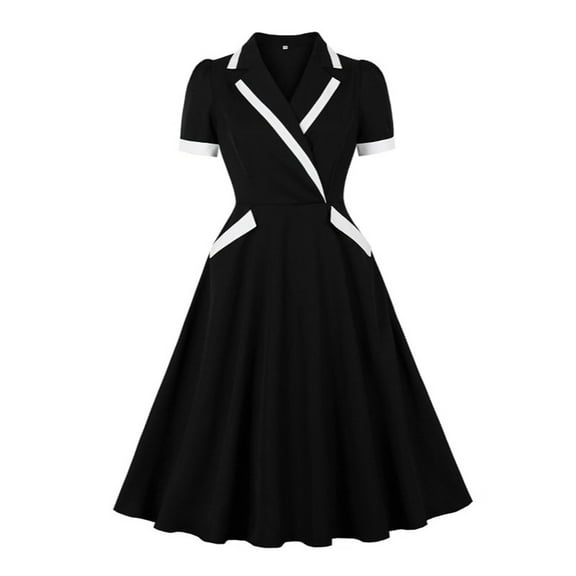 2025 Women's Vintage Contrast Collar Dresses Elegant Formal Swing Dress Short Sleeve Party Cocktail Dresses
