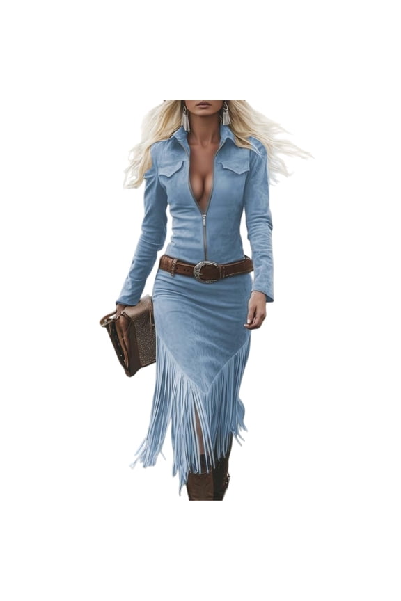 2025 Women's Western Cowgirl Suede Dress Vintage Long Sleeve Slim Fit Fringe Dress Formal Dresses with Lapel and Zip