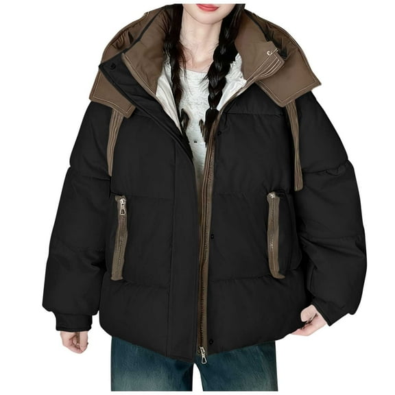 2025 Women's Winter Warm Puffer Jacket Stand Collar Baggy Zip Up Short Quilted Jacket Outerwear with Pockets