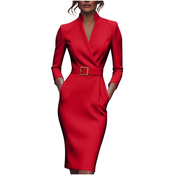 2025 Women's Work Dress 3/4 Sleeve V Neck Bodycon Sheath Dress Zipper Up Office Business Dresses with Belt