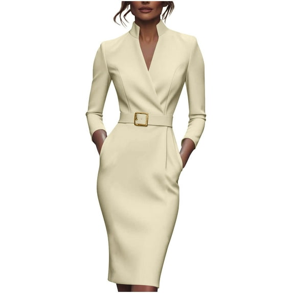 2025 Women's Work Dress 3/4 Sleeve V Neck Bodycon Sheath Dress Zipper Up Office Business Dresses with Belt