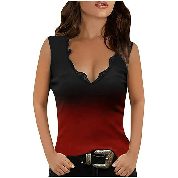 2026 Womens Clothing under $5 asdoklhq Juniors Plus Blouses & Shirts,Women's Slim Knit Sleeveless Casual Printing Basic Ribbed Tank Vest Tops