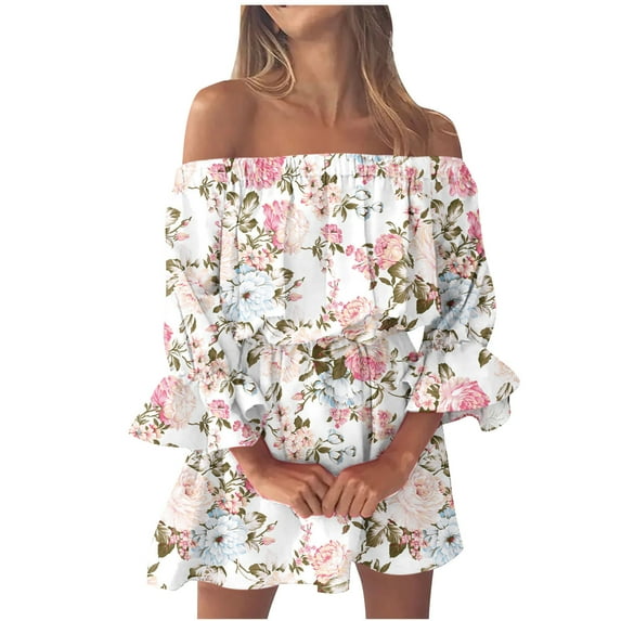 asdoklhq Maternity Dress,Stylish Women's Summer Sexy Casual Off Shoulder Bell Sleeve Solid And Printed Dresses