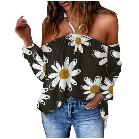 2025 Womens Clothing Clearance under $5 asdoklhq Juniors Plus Tops & T-Shirts,Women Flowers Printing V-Neck Long Sleeve Halter Off Shoulder T-Shirt Casual Tops Blouse