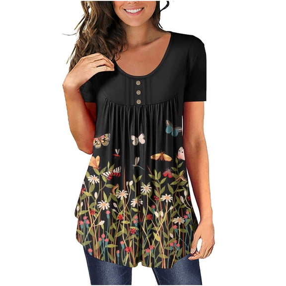 2026 Womens Clothing under $5 asdoklhq Plus Size Tops for Women,Women's Shirt Tees Short Sleeve Round Neck T Shirt Floral Print T-shirt Tops Blouse Gift For Women