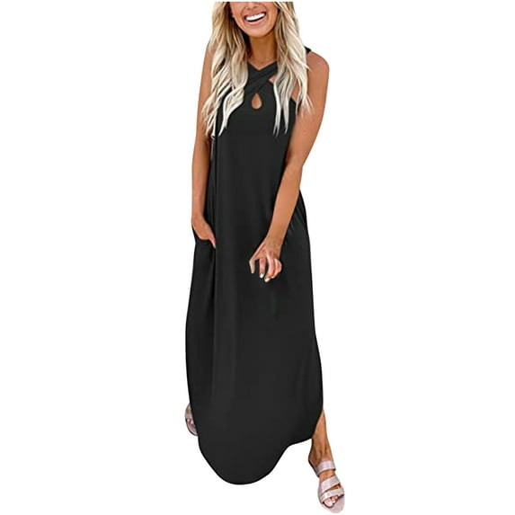 2025 Womens Clothing Clearance under $5 asdoklhq Womens Maxi Dress Under $10,Women's Casual Loose Summer Long Dress Sleeveless Split Beach Maxi Dresses with Pockets