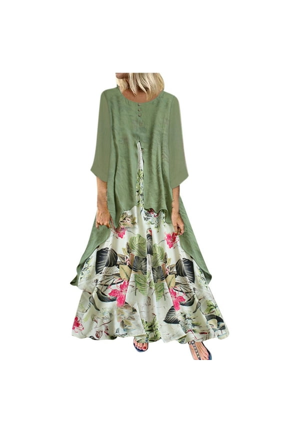 2026 Womens Clothing under $5 asdoklhq Womens Plus Size Dresses,Women Vintage Print Patchwork O-Neck Three Quarter Plus Size Long Dress