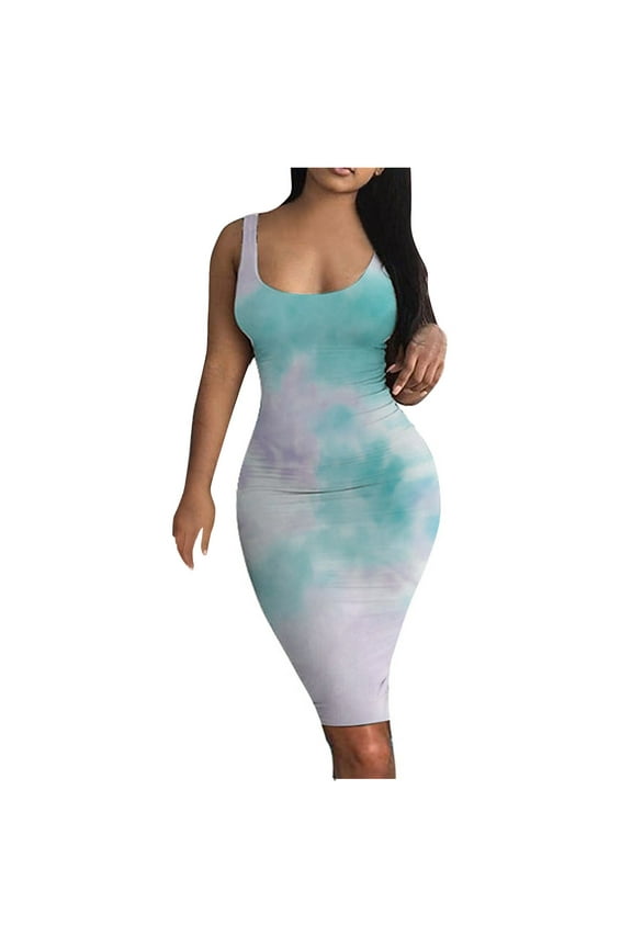 2026 Womens Clothing under $5 asdoklhq Womens Plus Size Dresses,Women's Gradient Print Sleeveless Tight O-Neck Short Dress Summer Dresses