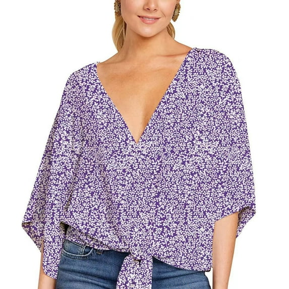 2025 Womens Clothing Clearance under $5 asdoklhq Womens Plus Size Tops Clearance, Woman Causal V-Neck Printing Blouse 3/4Sleeve Bandag T-Shirt Summer Tops