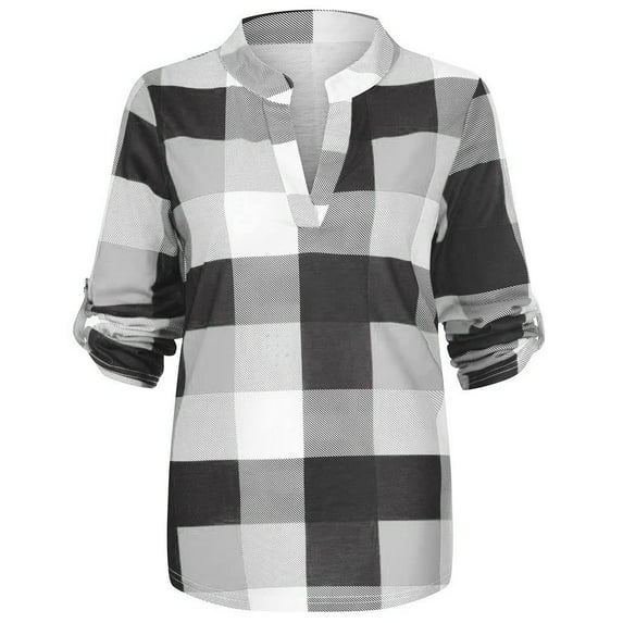 2026 Womens Clothing under $5 asdoklhq Womens Plus Size Tops,Women Casual Cotton Long Sleeve Plaid Shirt Women's Slim Jacket Shirt Top