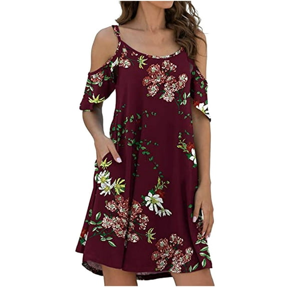 2025 Womens Clothing Clearance under $5 asdoklhq Womens Plus Size Tops Clearance, Women O-Neck Casual Pinting Pockets Short Sleeve Above Knee Mini Dress