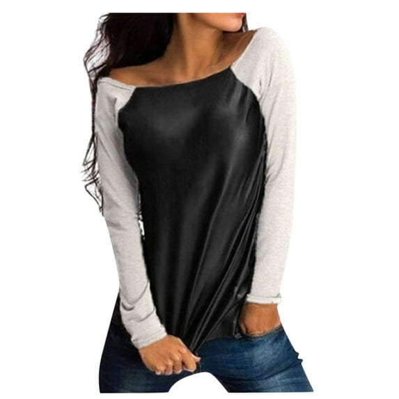 2026 Womens Clothing under $5 asdoklhq Womens Plus Size Tops,Womens Leather Long Sleeve Sweatshirt T-Shirt Casual Loose Blouse Tops