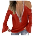 thumbnail image 1 of 2026 Womens Clothing under $5 asdoklhq Long Sleeve Shirts for Women,Women Autumn Deep V-Neck Solid Off-Shoulder Flare Sleeve Sequined Tops, 1 of 7