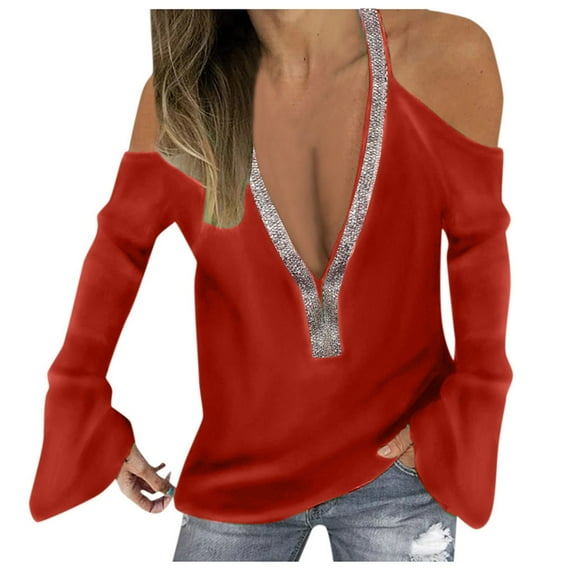 2026 Womens Clothing under $5 asdoklhq Long Sleeve Shirts for Women,Women Autumn Deep V-Neck Solid Off-Shoulder Flare Sleeve Sequined Tops