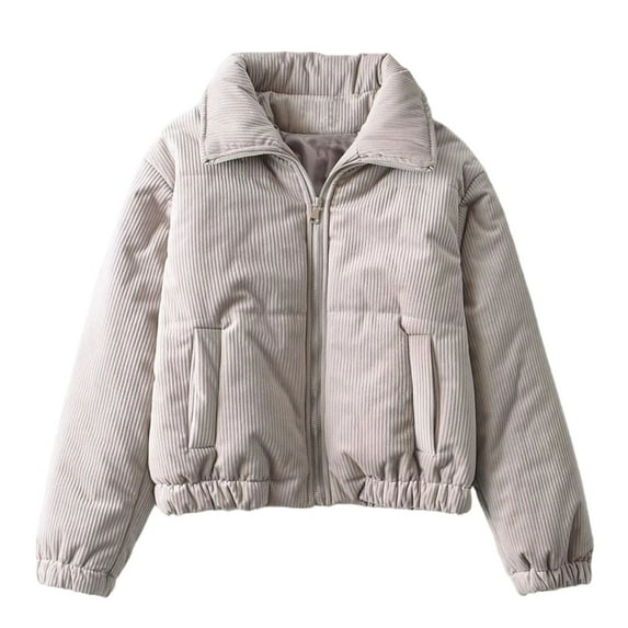 2025 Womens Cropped Corduroy Puffer Jacket Winter Jackets Warm Long Sleeve Zip Quilted Down Puffer coat with Pockets