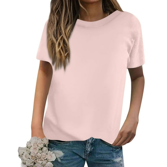 2025 Womens Cute Tops Ladies Casual Loose Solid Color T-Shirt Round Neck Pullover Short Sleeve Top
