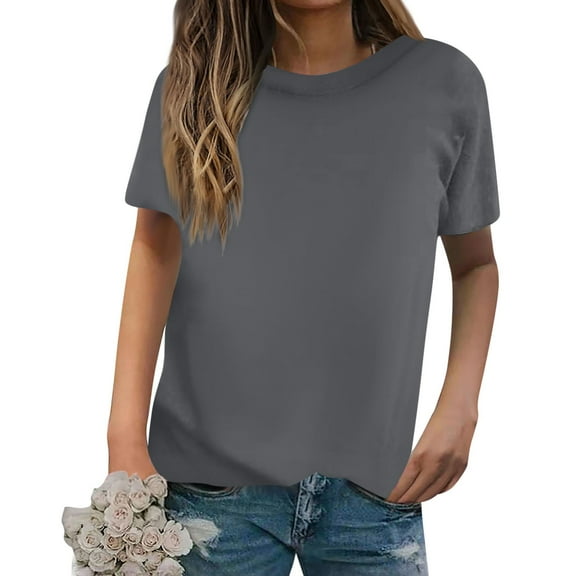 2025 Womens Cute Tops Ladies Casual Loose Solid Color T-Shirt Round Neck Pullover Short Sleeve Top