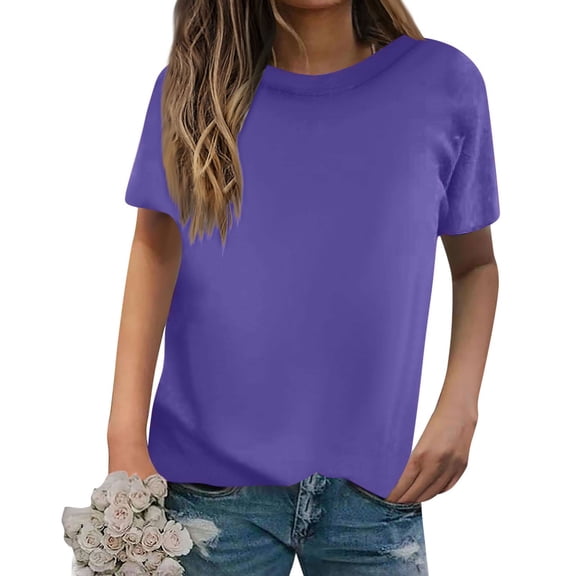 2025 Womens Cute Tops Ladies Casual Loose Solid Color T-Shirt Round Neck Pullover Short Sleeve Top