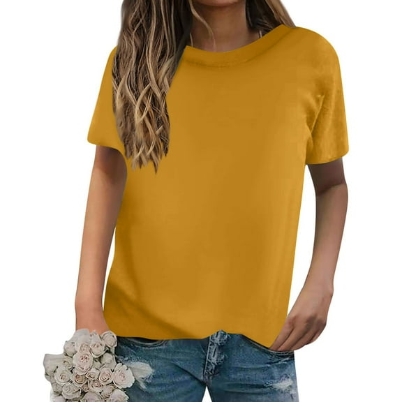 2025 Womens Cute Tops Ladies Casual Loose Solid Color T-Shirt Round Neck Pullover Short Sleeve Top