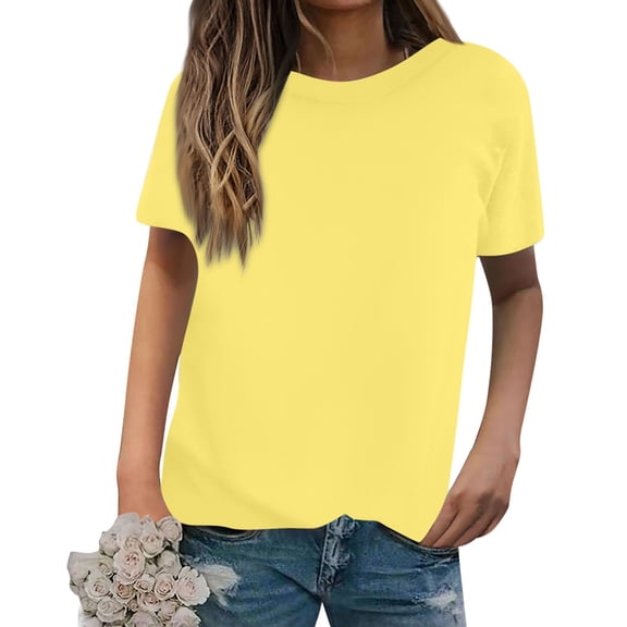 2025 Womens Cute Tops Ladies Casual Loose Solid Color T-Shirt Round Neck Pullover Short Sleeve Top
