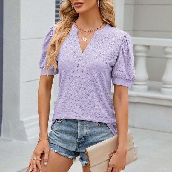 2025 Womens Cute Tops Women's Fashionable Loose V-neck Bubble Sleeve Pleated Short Sleeved Loose T-shirt Top