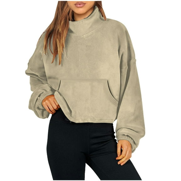 2025 Womens Cute Tops Women's Loose Pocket Drawstring High Neck Fleece Casual Sports Short Sweater