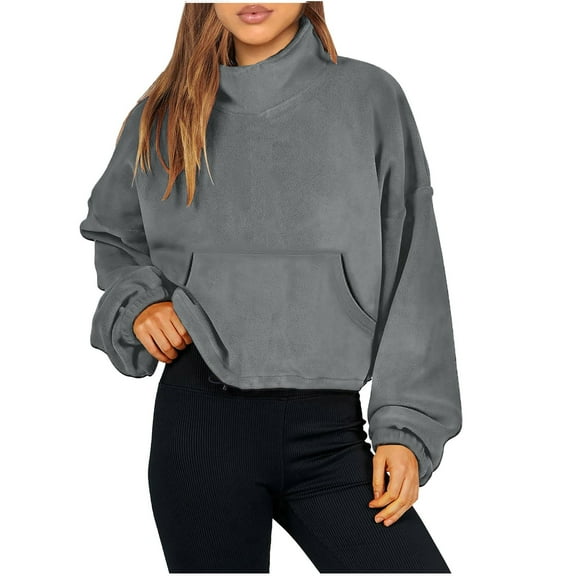 2025 Womens Cute Tops Women's Loose Pocket Drawstring High Neck Fleece Casual Sports Short Sweater