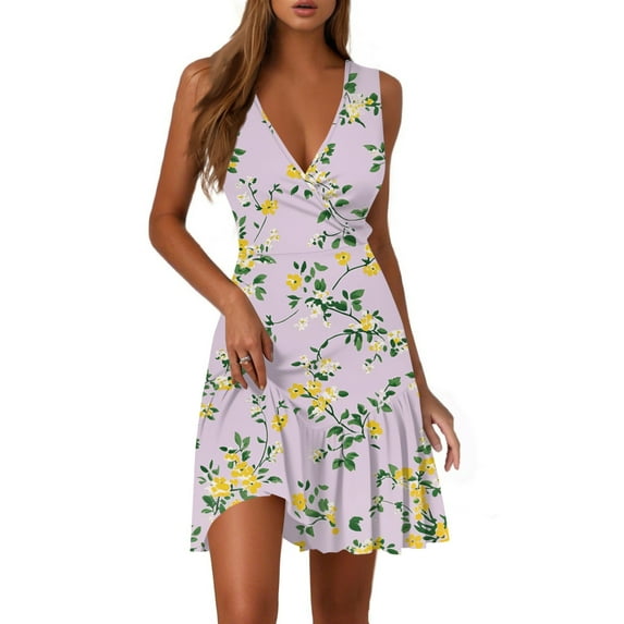 2025 Womens Dress Sleeveless Summer V Neck Cover Ups Floral Print Dresses Casual Sundress
