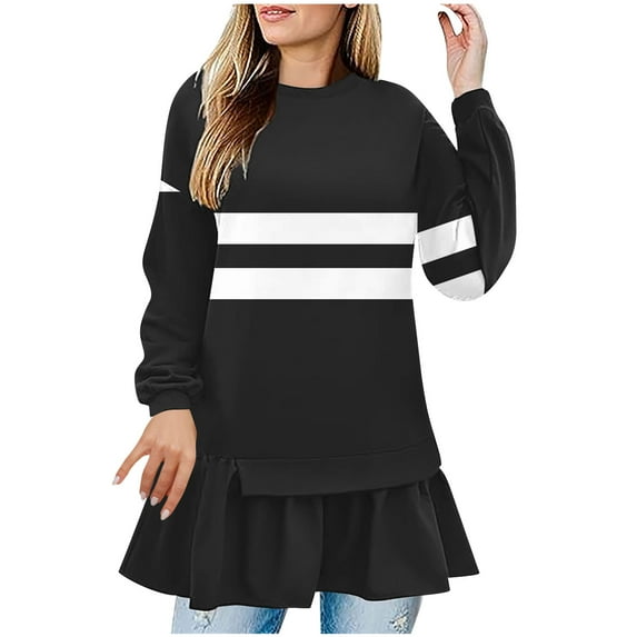 2025 Womens Fall Tunic Tops Long Sleeve Casual Tshirt for Leggings Pleated Loose Stripe Color Block Blouses