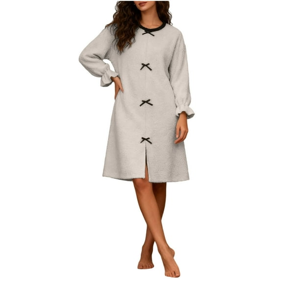 2025 Womens Flannel Nightgown Cozy Plush Nightdress Bowknot Collared Solid Long Sleeve Knee Length Tunic Dress