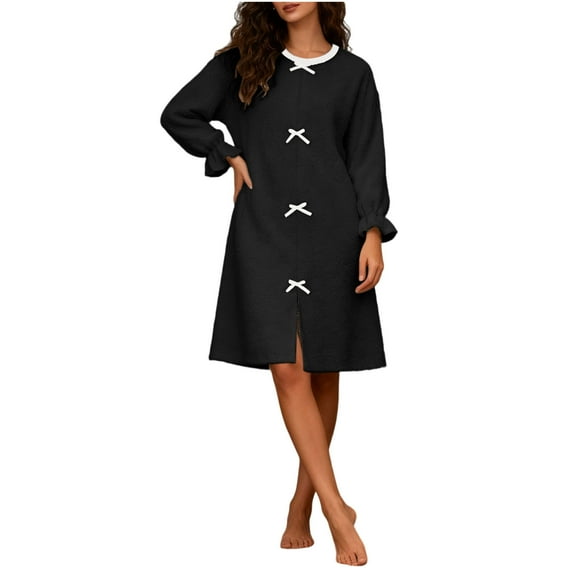 2025 Womens Flannel Nightgown Cozy Plush Nightdress Bowknot Collared Solid Long Sleeve Knee Length Tunic Dress