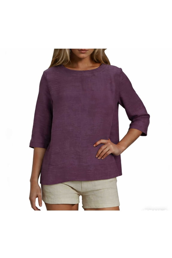 2025 Womens Linen 3/4 Sleeve Blouse Crew Neck Summer Casual Tops Loose Fit Flowy Tunics Tees Dressy Peasant Shirts