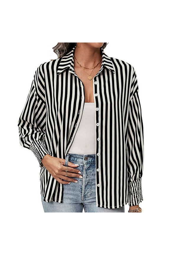 2025 Womens Long Sleeve Striped Shirt Black White Casual Button Down Blouse Spring Office Wear