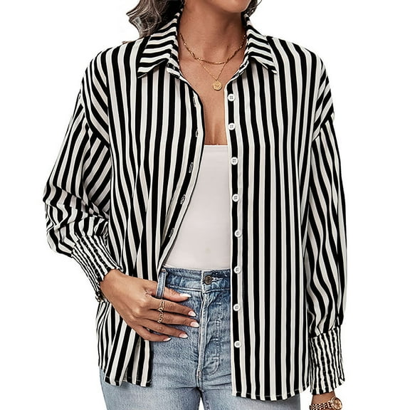 2025 Womens Long Sleeve Striped Shirt Black White Casual Button Down Blouse Spring Office Wear
