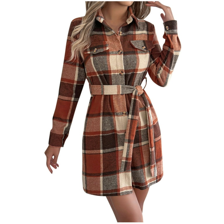 2025 Womens Plaid Dresses Flannel Button Down Dress Casual Tunic