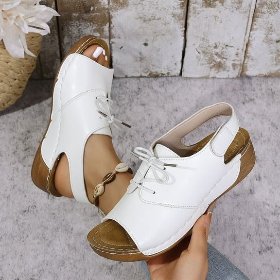 2025 Womens Sandals Beach, Xunlbb Women's Fashion Casual Summer New Style Roman Lace-Up Fish Mouth Thick Bottom One-Foot Slip-On Round Head Open Toe Beach Sandals(White,Size:38)