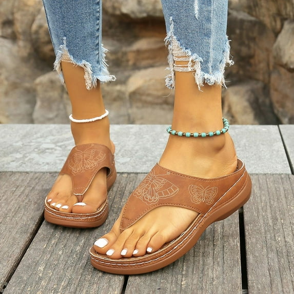 2025 Womens Sandals Beach, Xunlbb Women's Plus Size Summer Casual Solid Color Flip-flops Beach Wedge Toe Fish Mouth Sandals(Brown,Size:38)