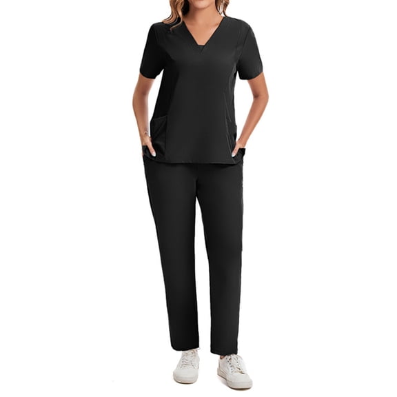 2025 Womens Scrub Sets Stretch 2 Piece Uniforms Suit Nursing Fitted V Neck Top with Jogger Style Pants Black M