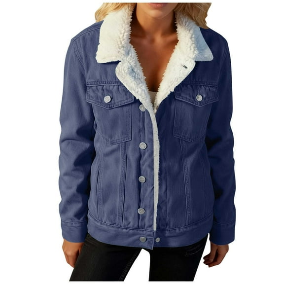 2025 Womens Sherpa Lined Denim Jacket Lapel Collar Coat Long Sleeve Button Down Outerwear Warm Winter Coats