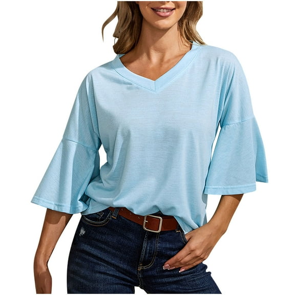 Womens Summer 3/4 Bell Sleeve V Neck Tops Casual Solid Tops and Blouses Loose Lightweight Shirts Tunic S-XXL