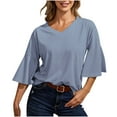 thumbnail image 1 of Womens Summer 3/4 Bell Sleeve V Neck Tops Casual Solid Tops and Blouses Loose Lightweight Shirts Tunic S-XXL, 1 of 5