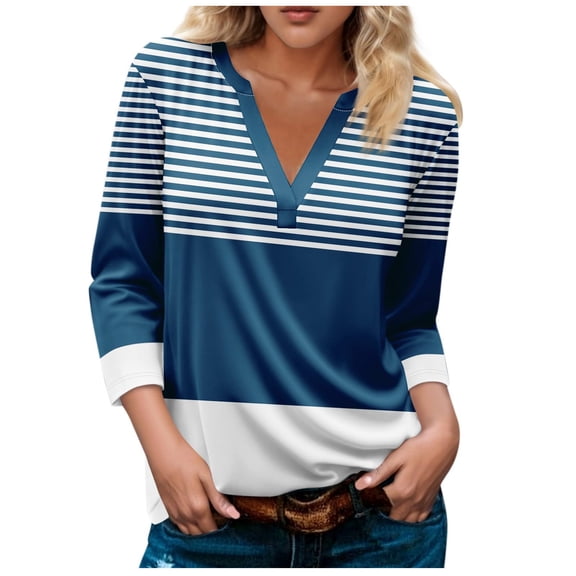 2025 Womens Tops Striped Colorblock 3/4 Sleeve Tshirts Casual V Neck Tunic Tee Shirts Comfy Blouses