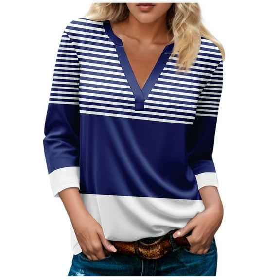 2025 Womens Tops Striped Colorblock 3/4 Sleeve Tshirts Casual V Neck Tunic Tee Shirts Comfy Blouses
