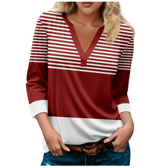 2025 Womens Tops Striped Colorblock 3/4 Sleeve Tshirts Casual V Neck Tunic Tee Shirts Comfy Blouses