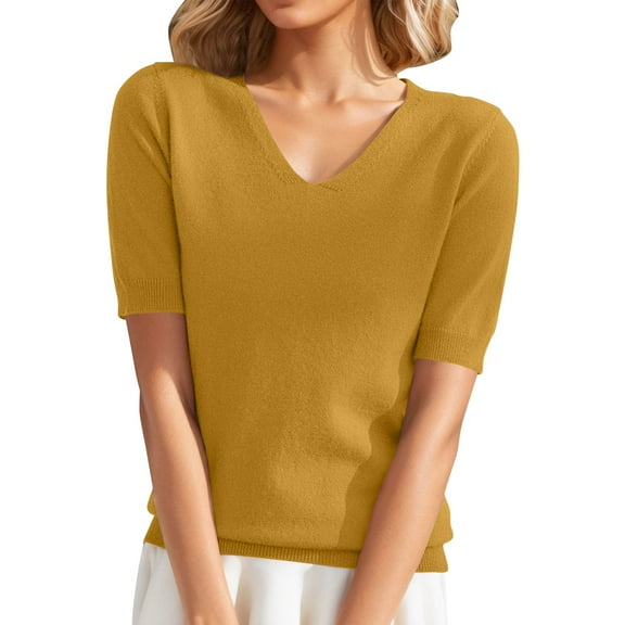 Soft Wool Blend V-Neck Sweater for Women 2025 Spring Fashion Short Sleeve Top Thin Knit Business Casual Pullover Yellow XL