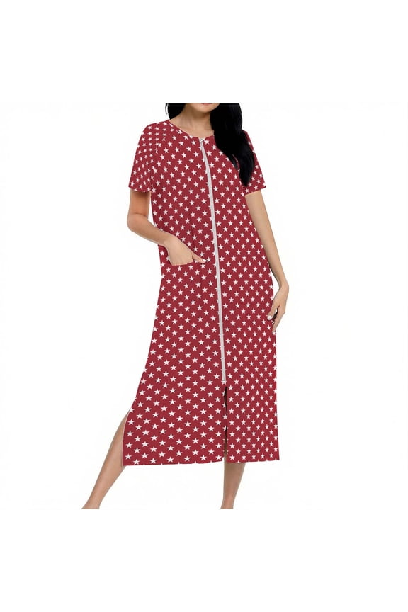 2025 Womens Zipper Front House Dresses Short Sleeves Zip Up Bathrobes Lightweight Long Housecoat Loungewear