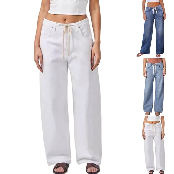 2025 Y2K Women's Drawstring Jeans Loose Boyfriend Mid-Rise Wide Leg Casual Comfortable Denim Pants with Pockets